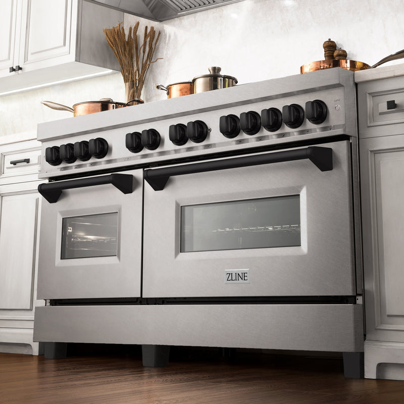 ZLINE Autograph Edition 60 in. 7.4 cu. ft. Dual Fuel Range with Gas Stove and Electric Oven in DuraSnow Stainless Steel with Matte Black Accents (RASZ-SN-60-MB)