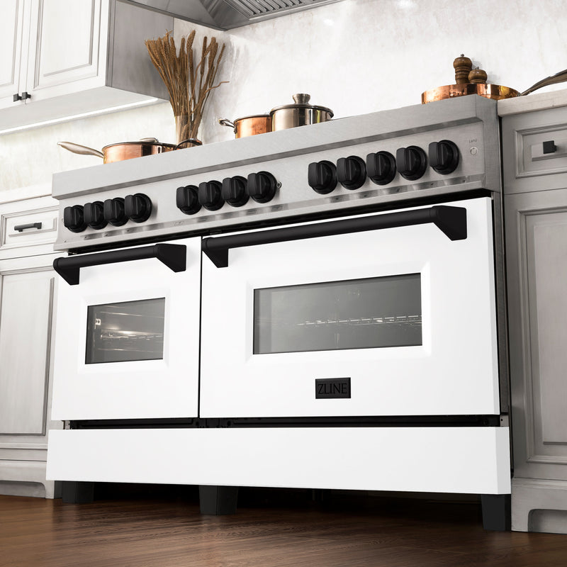 ZLINE Autograph Edition 60 in. 7.4 cu. ft. Dual Fuel Range with Gas Stove and Electric Oven in DuraSnow Stainless Steel with White Matte Door and Matte Black Accents (RASZ-WM-60-MB)