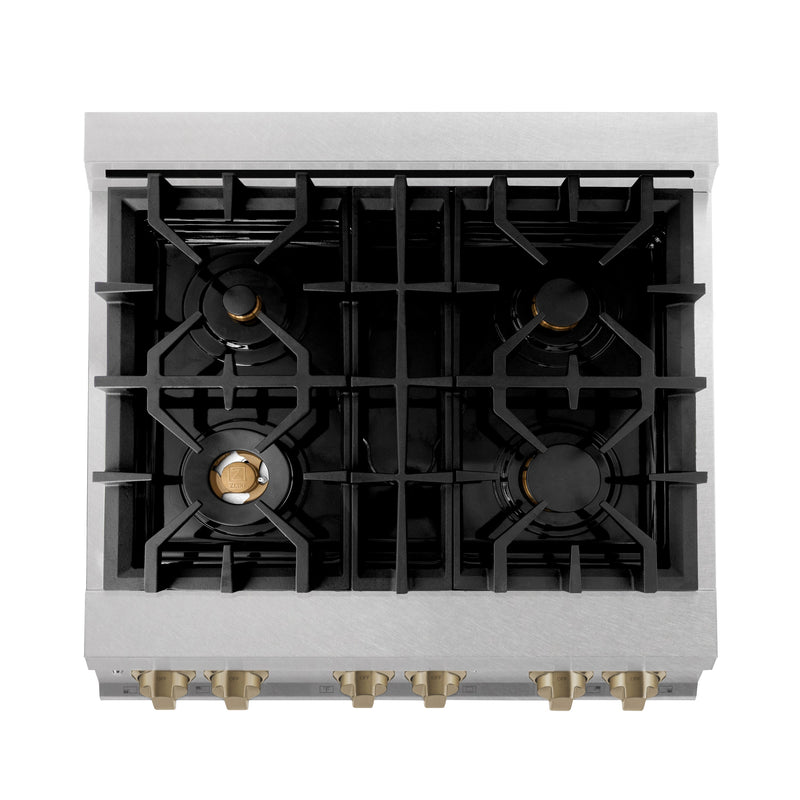 ZLINE Autograph Edition 30 in. 4.0 cu. ft. Dual Fuel Range with Gas Stove and Electric Oven in Fingerprint Resistant Stainless Steel with Champagne Bronze Accents (RASZ-SN-30-CB)