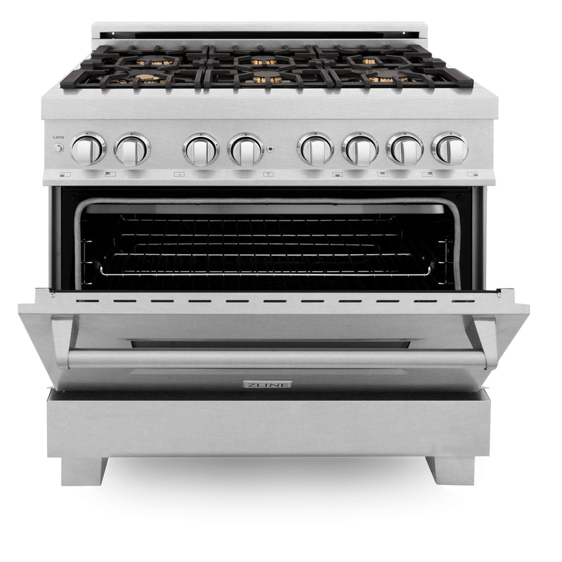 ZLINE 36 in. Professional Dual Fuel Range in Fingerprint Resistant Stainless Steel with Brass Burners (RAS-SN-BR-36)