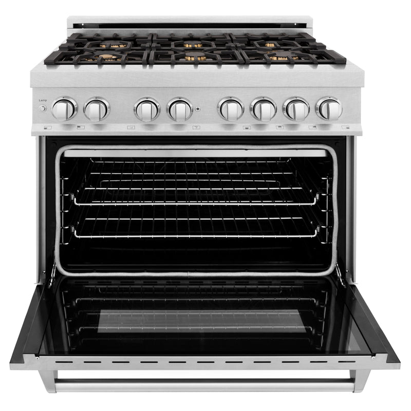 ZLINE 36 in. Professional Dual Fuel Range in Fingerprint Resistant Stainless Steel with Brass Burners (RAS-SN-BR-36)