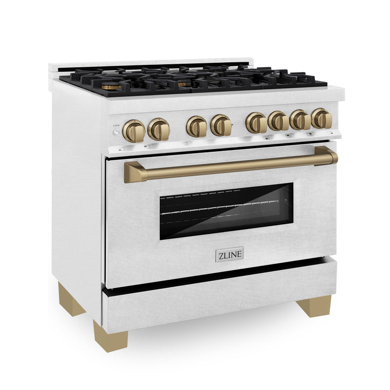 ZLINE Autograph Edition 36 in. 4.6 cu. ft. Dual Fuel Range with Gas Stove and Electric Oven in DuraSnow Stainless Steel with Champagne Bronze Accents (RASZ-SN-36-CB)