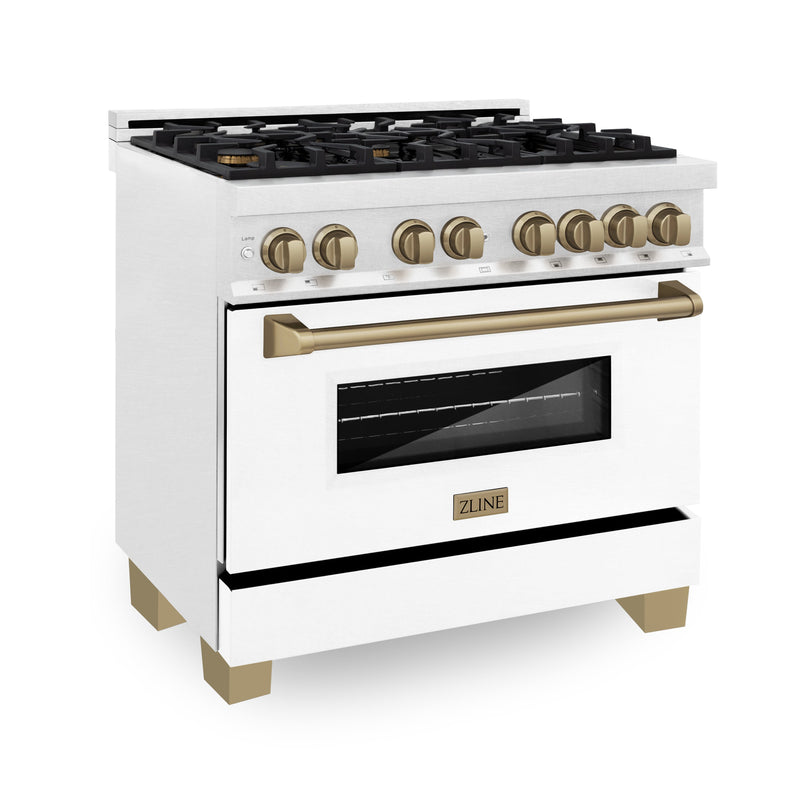 ZLINE Autograph Edition 36 in. 4.6 cu. ft. Dual Fuel Range with Gas Stove and Electric Oven in DuraSnow Stainless Steel with White Matte Door and Champagne Bronze Accents (RASZ-WM-36-CB)