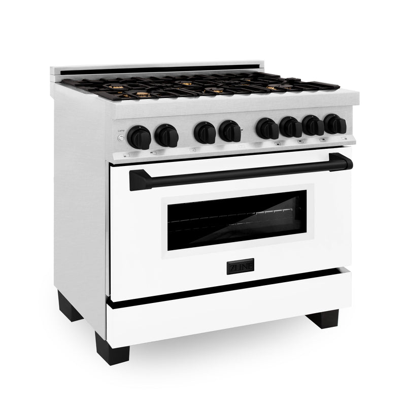 ZLINE Autograph Edition 36 in. 4.6 cu. ft. Dual Fuel Range with Gas Stove and Electric Oven in DuraSnow Stainless Steel with White Matte Door and Matte Black Accents (RASZ-WM-36-MB)
