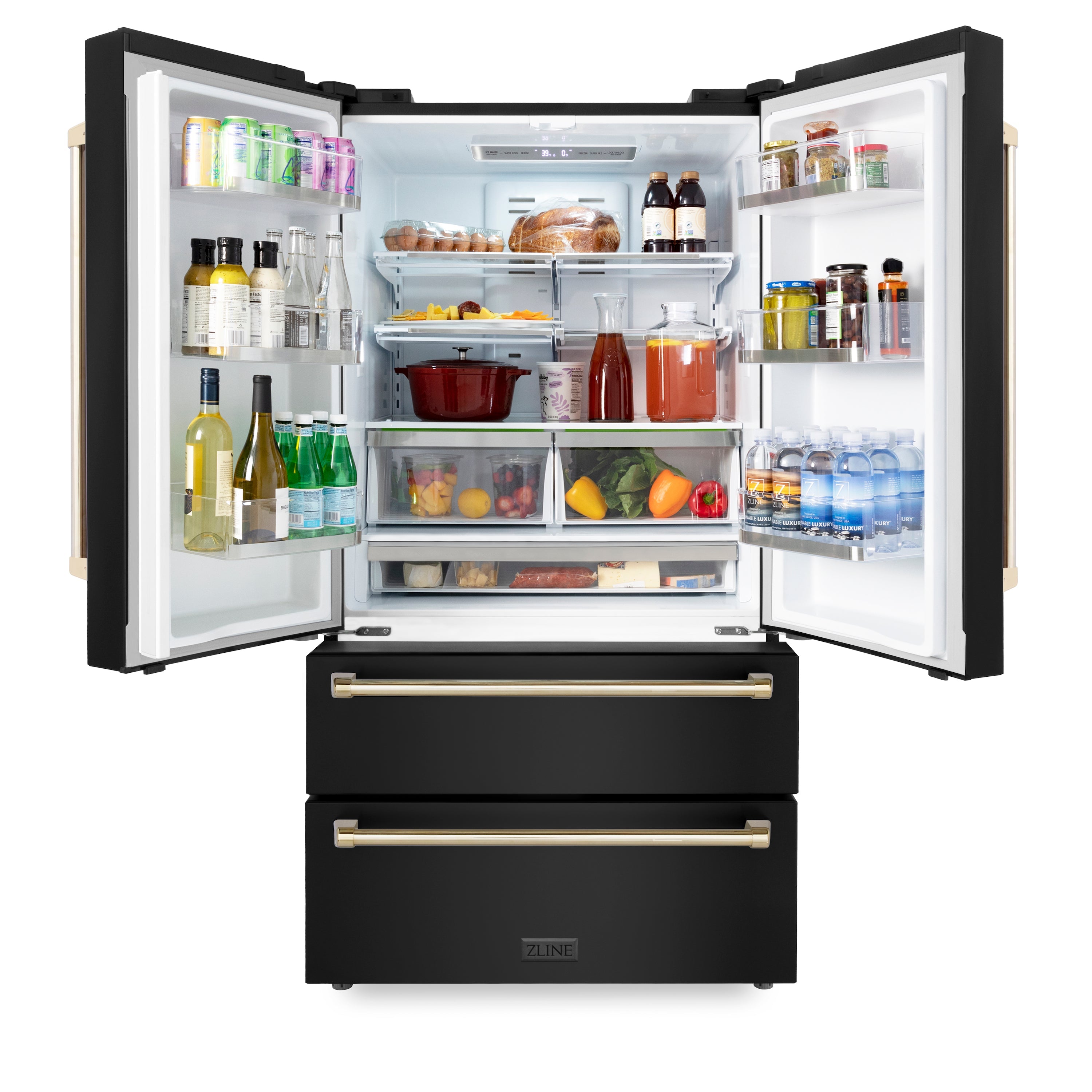 ZLINE 36 in. Autograph Edition 22.5 cu. ft Freestanding French Door Refrigerator with Ice Maker in Fingerprint Resistant Black Stainless Steel with Polished Gold Accents (RFMZ-36-BS-G)