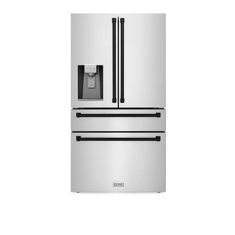 ZLINE 30 in. Autograph Edition Kitchen Package with Stainless Steel Dual Fuel Range, Range Hood, Dishwasher and Refrigeration Including External Water Dispenser with Matte Black Accents (4AKPR-RARHDWM30-MB)