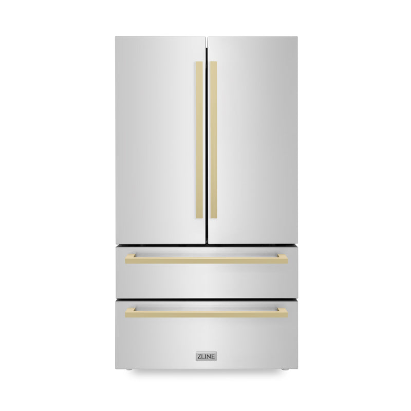ZLINE 36 in. Autograph Edition 22.5 cu. ft 4-Door French Door Refrigerator with Ice Maker in Stainless Steel with Champagne Bronze Square Handles (RFMZ-36-FCB)