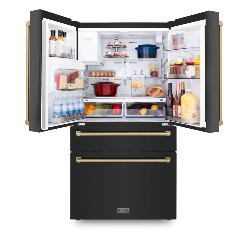 ZLINE 30 in. Autograph Edition Kitchen Package with Black Stainless Steel Dual Fuel Range, Range Hood, Dishwasher and Refrigeration Including External Water Dispenser with Champagne Bronze Accents (4AKPR-RABRHDWV30-CB)