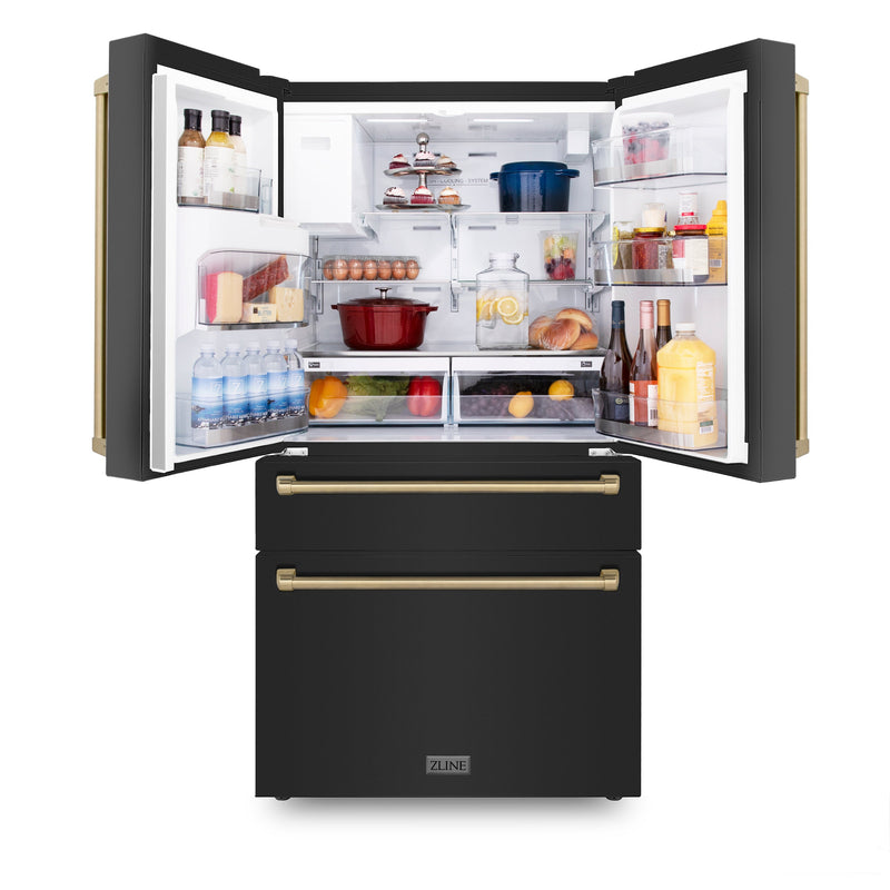 ZLINE 36 in. Autograph Edition Kitchen Package with Black Stainless Steel Dual Fuel Range, Range Hood, Dishwasher and Refrigeration Including External Water Dispenser with Champagne Bronze Accents (4AKPR-RABRHDWV36-CB)