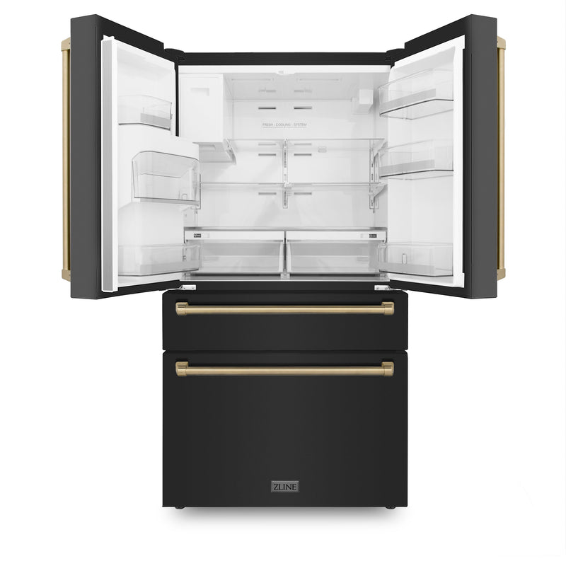 ZLINE 36 in. Autograph Edition Kitchen Package with Black Stainless Steel Dual Fuel Range, Range Hood, Dishwasher and Refrigeration Including External Water Dispenser with Champagne Bronze Accents (4AKPR-RABRHDWV36-CB)