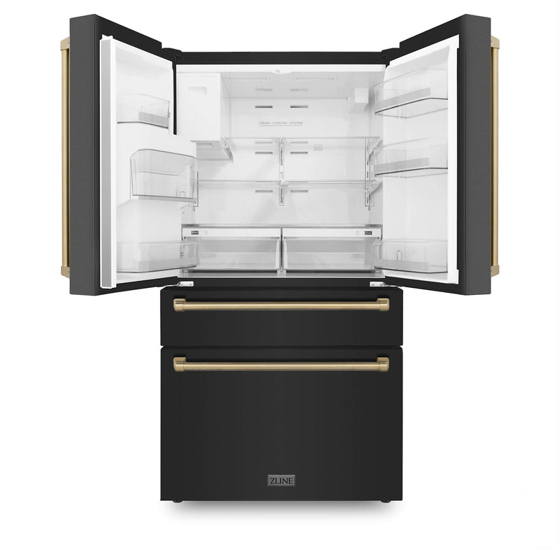 ZLINE 30 in. Autograph Edition Kitchen Package with Black Stainless Steel Dual Fuel Range, Range Hood, Dishwasher and Refrigeration Including External Water Dispenser with Champagne Bronze Accents (4AKPR-RABRHDWV30-CB)