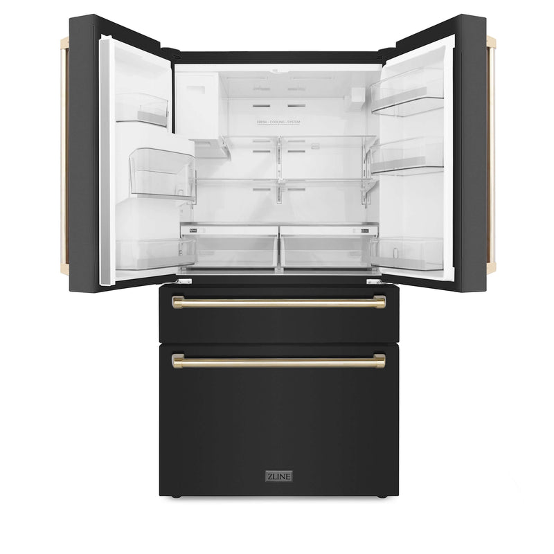 ZLINE 30 in. Autograph Edition Kitchen Package with Black Stainless Steel Dual Fuel Range, Range Hood, Dishwasher and Refrigeration Including External Water Dispenser with Polished Gold Accents (4AKPR-RABRHDWV30-G)