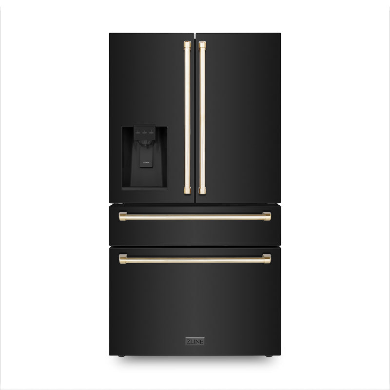 ZLINE 36 in. Autograph Edition 21.6 cu. ft Freestanding French Door Refrigerator with Water and Ice Dispenser in Fingerprint Resistant Black Stainless Steel with Polished Gold Accents (RFMZ-W-36-BS-G)