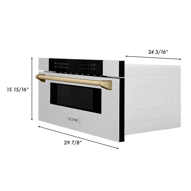 ZLINE Autograph Edition 30 in. 1.2 cu. ft. Built-In Microwave Drawer in Fingerprint Resistant Stainless Steel with Polished Gold Accents (MWDZ-30-SS-G)