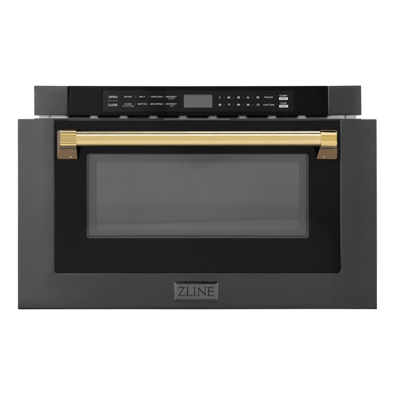 ZLINE Autograph Edition 24" 1.2 cu. ft. Built-in Microwave Drawer in Black Stainless Steel and Gold Accents (MWDZ-1-BS-H-G)