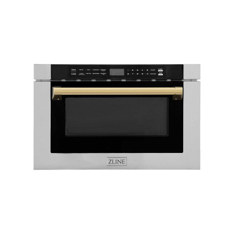 ZLINE Autograph Edition 24 in. 1.2 cu. ft. Built-in Microwave Drawer with a Traditional Handle in Stainless Steel and Polished Gold Accents (MWDZ-1-H-G)