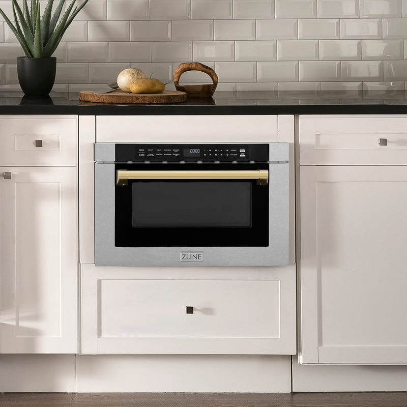 ZLINE Autograph Edition 24 in. Microwave in Fingerprint Resistant Stainless Steel with Traditional Handles and Polished Gold Accents (MWDZ-1-SS-H-G)