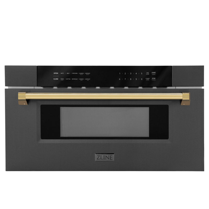 ZLINE Autograph Edition 30 in. 1.2 cu. ft. Built-in Microwave Drawer in Black Stainless Steel with Polished Gold Accents (MWDZ-30-BS-G)