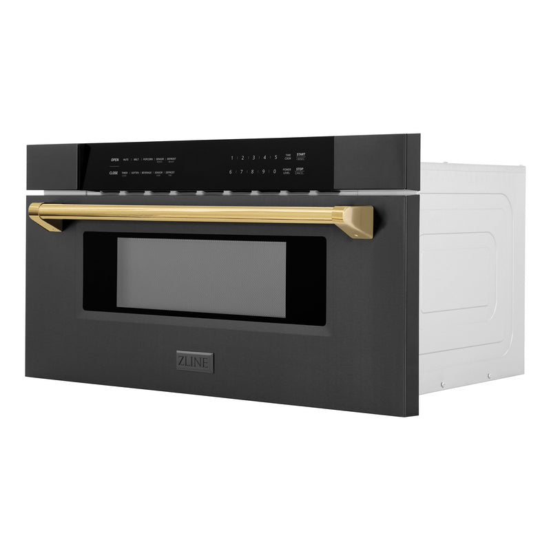 ZLINE Autograph Edition 30 in. 1.2 cu. ft. Built-in Microwave Drawer in Black Stainless Steel with Polished Gold Accents (MWDZ-30-BS-G)