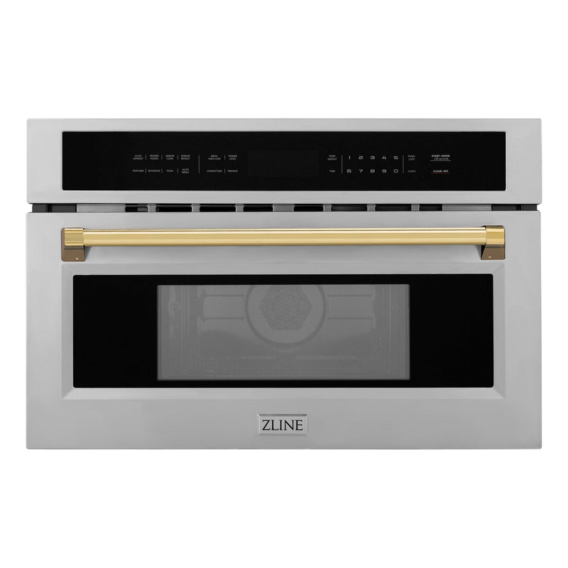 ZLINE Autograph Edition 30 in. 1.6 cu ft. Built-in Convection Microwave Oven in Stainless Steel with Polished Gold Accents (MWOZ-30-G)