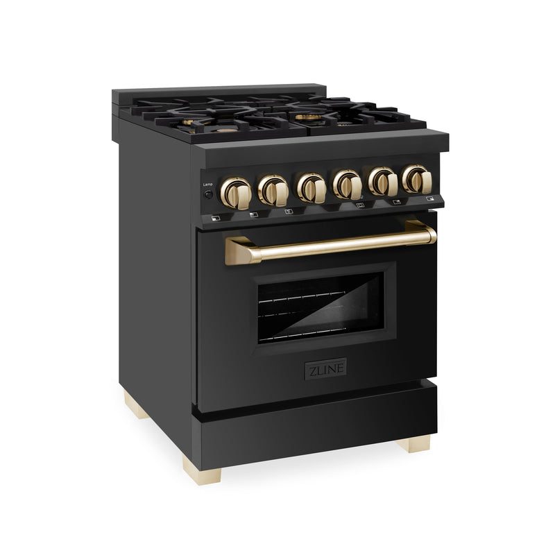 ZLINE Autograph Edition 24 in. 2.8 cu. ft. Dual Fuel Range with Gas Stove and Electric Oven in Black Stainless Steel with Polished Gold Accents (RABZ-24-G)