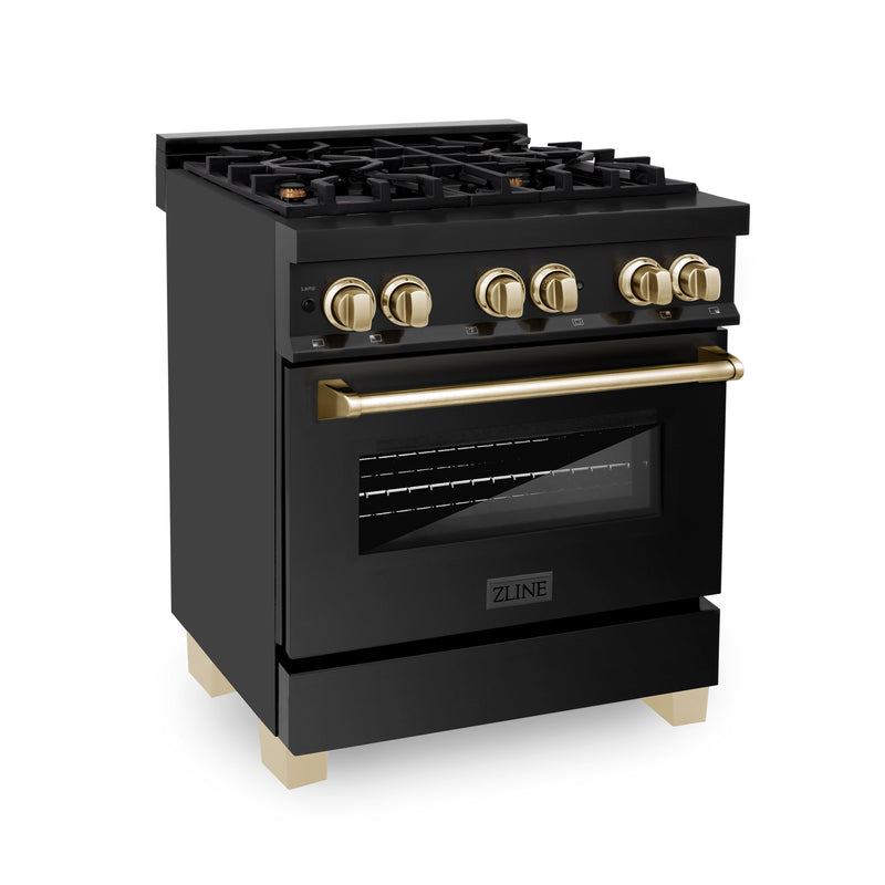 ZLINE 30" Autograph Edition Kitchen Package with Black Stainless Steel Dual Fuel Range and Range Hood with Polished Gold Accents (2AKP-RABRH30-G)