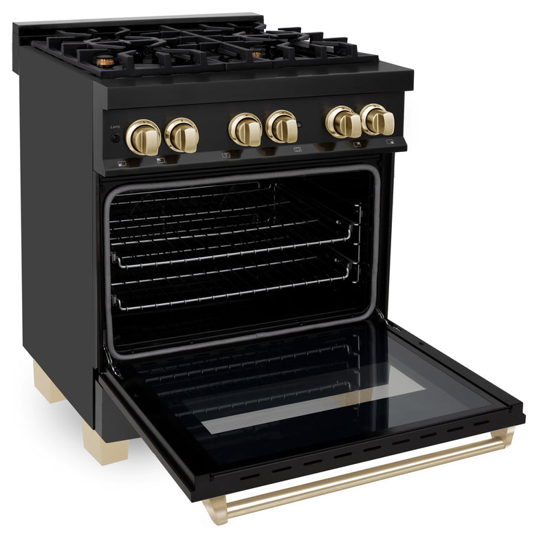 ZLINE Autograph Edition 30 in. 4.0 cu. ft. Dual Fuel Range with Gas Stove and Electric Oven in Black Stainless Steel with Polished Gold Accents (RABZ-30-G)