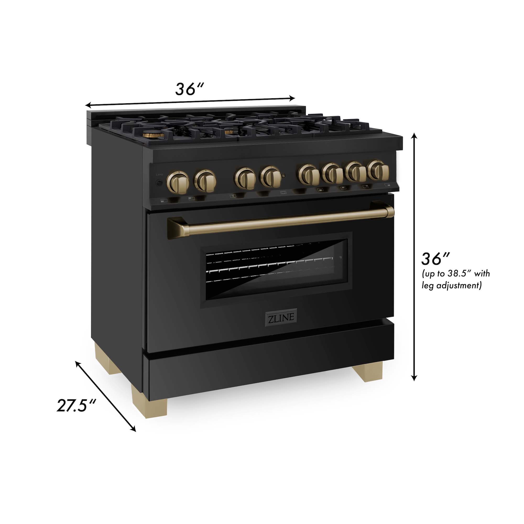ZLINE Autograph Edition 36 in. 4.6 cu. ft. Dual Fuel Range with Gas Stove and Electric Oven in Black Stainless Steel with Champagne Bronze Accents (RABZ-36-CB)