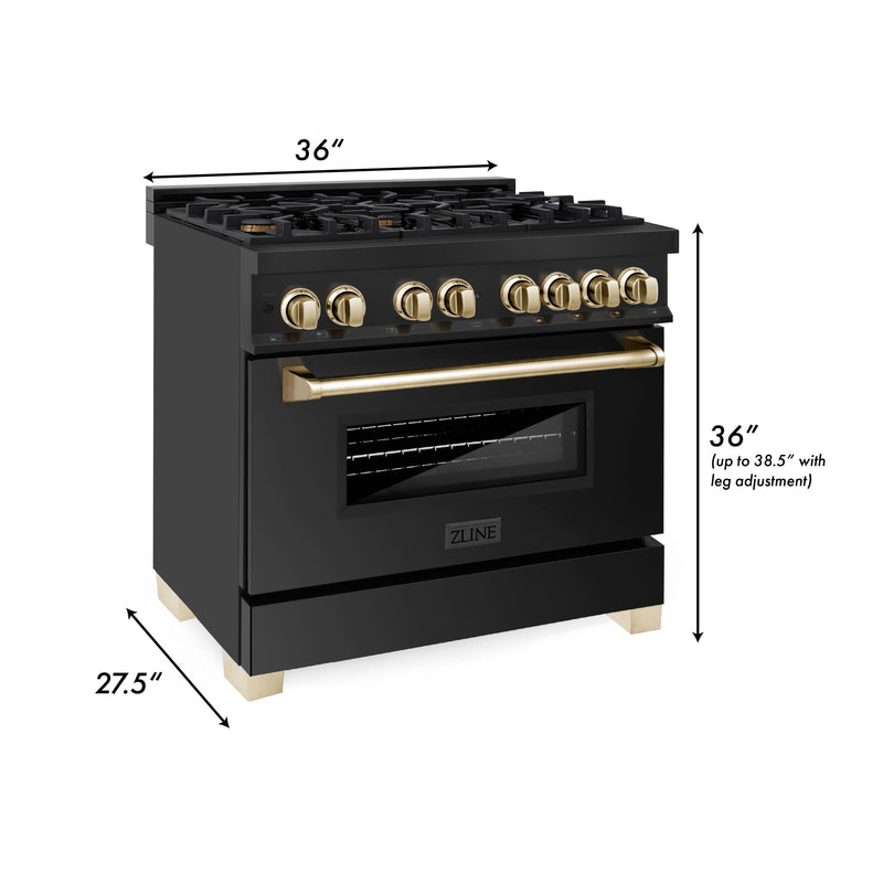 ZLINE 36 in. Autograph Edition Kitchen Package with Black Stainless Steel Dual Fuel Range and Range Hood with Polished Gold Accents (2AKP-RABRH36-G)