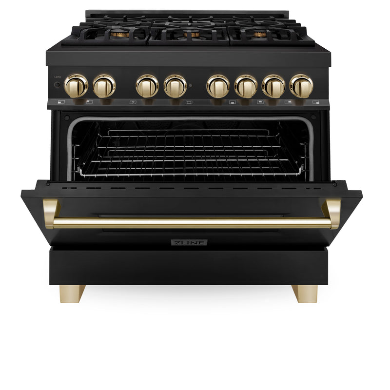 ZLINE Autograph Edition 36 in. 4.6 cu. ft. Dual Fuel Range with Gas Stove and Electric Oven in Black Stainless Steel with Polished Gold Accents (RABZ-36-G)