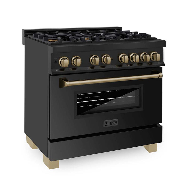 ZLINE Autograph Edition 36 in. 4.6 cu. ft. Dual Fuel Range with Gas Stove and Electric Oven in Black Stainless Steel with Champagne Bronze Accents (RABZ-36-CB)
