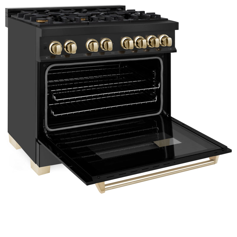 ZLINE Autograph Edition 36 in. 4.6 cu. ft. Dual Fuel Range with Gas Stove and Electric Oven in Black Stainless Steel with Polished Gold Accents (RABZ-36-G)