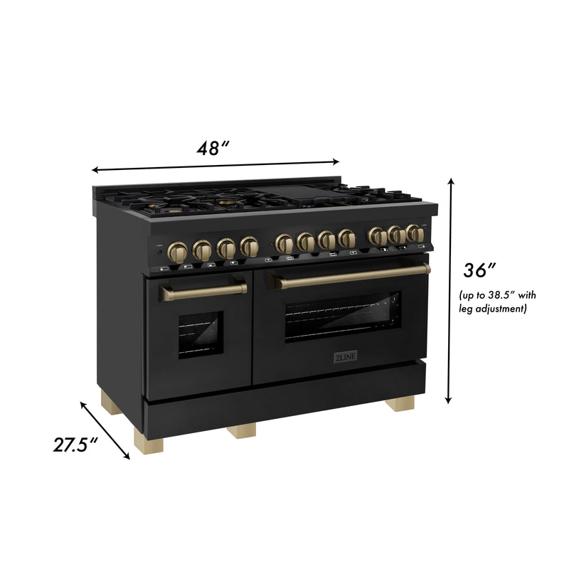 ZLINE Autograph Edition 48 in. 6.0 cu. ft. Dual Fuel Range with Gas Stove and Electric Oven in Black Stainless Steel with Champagne Bronze Accents (RABZ-48-CB)