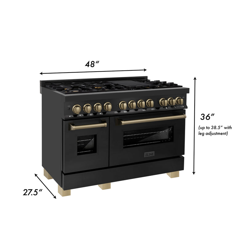 ZLINE 48 in. Autograph Edition Kitchen Package with Black Stainless Steel Dual Fuel Range and Range Hood with Champagne Bronze Accents (2AKP-RABRH48-CB)