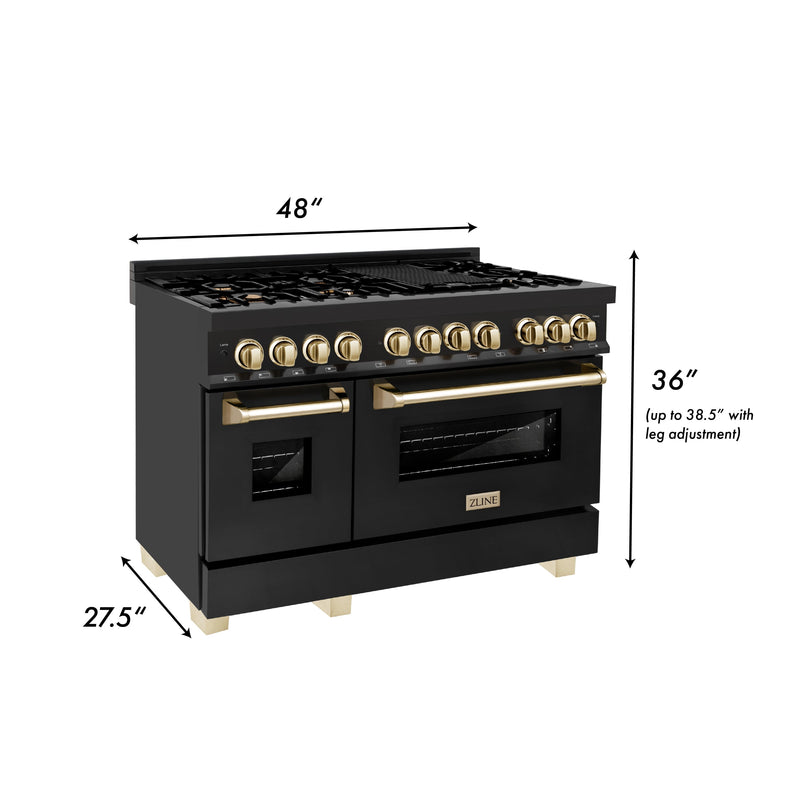 ZLINE 48 in. Autograph Edition Kitchen Package with Black Stainless Steel Dual Fuel Range and Range Hood with Polished Gold Accents (2AKP-RABRH48-G)