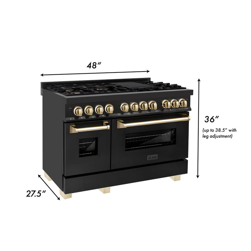 ZLINE 48 in. Autograph Edition Kitchen Package with Black Stainless Steel Dual Fuel Range, Range Hood and Dishwasher with Polished Gold Accents (3AKP-RABRHDWV48-G)