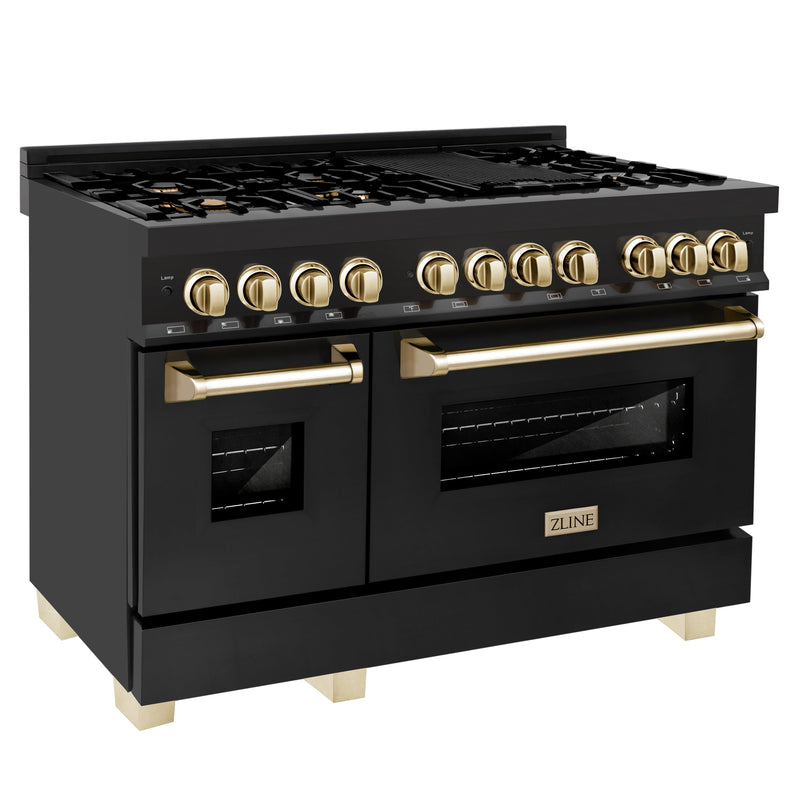 ZLINE 48 in. Autograph Edition Kitchen Package with Black Stainless Steel Dual Fuel Range and Range Hood with Polished Gold Accents (2AKP-RABRH48-G)