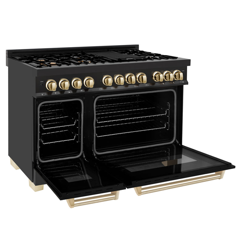 ZLINE 48 in. Autograph Edition Kitchen Package with Black Stainless Steel Dual Fuel Range and Range Hood with Polished Gold Accents (2AKP-RABRH48-G)