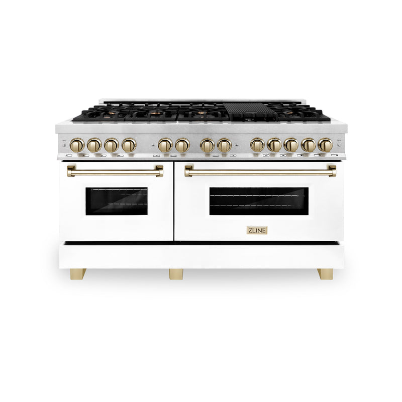 ZLINE Autograph Edition 60 in. 7.4 cu. ft. Dual Fuel Range with Gas Stove and Electric Oven in Stainless Steel with White Matte Door and Polished Gold Accents (RAZ-WM-60-G)