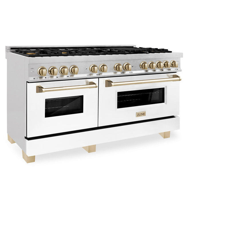 ZLINE Autograph Edition 60 in. 7.4 cu. ft. Dual Fuel Range with Gas Stove and Electric Oven in Stainless Steel with White Matte Door and Polished Gold Accents (RAZ-WM-60-G)