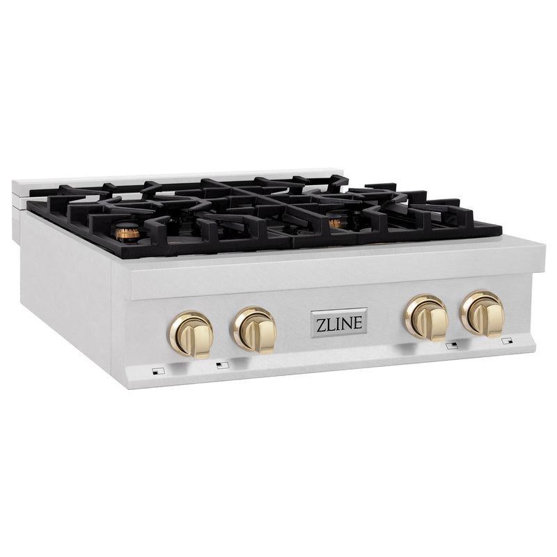 ZLINE Autograph Edition 30 in. Porcelain Rangetop with 4 Gas Burners in DuraSnow Stainless Steel with Polished Gold Accents (RTSZ-30-G)