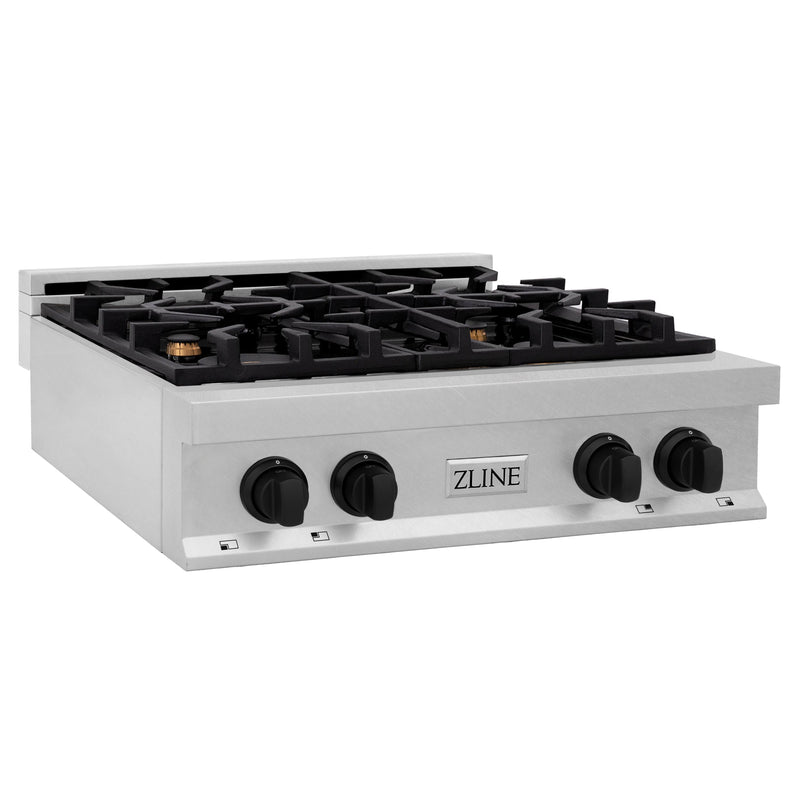 ZLINE Autograph Edition 30 in. Porcelain Rangetop with 4 Gas Burners in DuraSnow Stainless Steel with Matte Black Accents (RTSZ-30-MB)