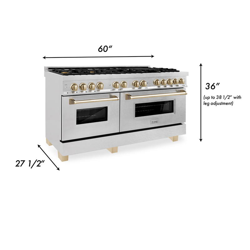 ZLINE Autograph Edition 60 in. 7.4 cu. ft. Dual Fuel Range with Gas Stove and Electric Oven in DuraSnow Stainless Steel with Polished Gold Accents (RASZ-SN-60-G)