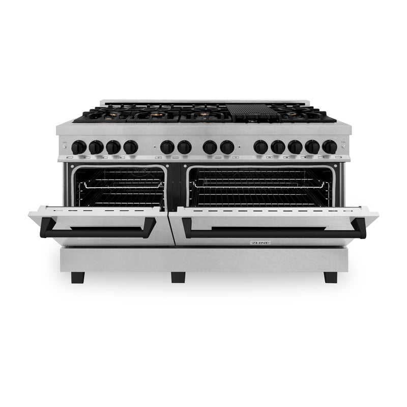 ZLINE Autograph Edition 60 in. 7.4 cu. ft. Dual Fuel Range with Gas Stove and Electric Oven in DuraSnow Stainless Steel with Matte Black Accents (RASZ-SN-60-MB)