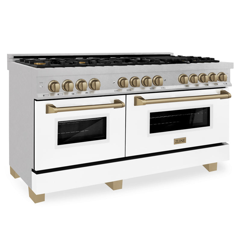 ZLINE Autograph Edition 60 in. 7.4 cu. ft. Dual Fuel Range with Gas Stove and Electric Oven in DuraSnow Stainless Steel with White Matte Door and Champagne Bronze Accents (RASZ-WM-60-CB)