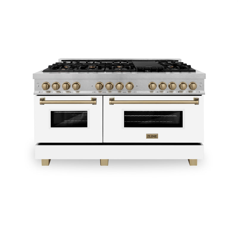 ZLINE Autograph Edition 60 in. 7.4 cu. ft. Dual Fuel Range with Gas Stove and Electric Oven in DuraSnow Stainless Steel with White Matte Door and Champagne Bronze Accents (RASZ-WM-60-CB)