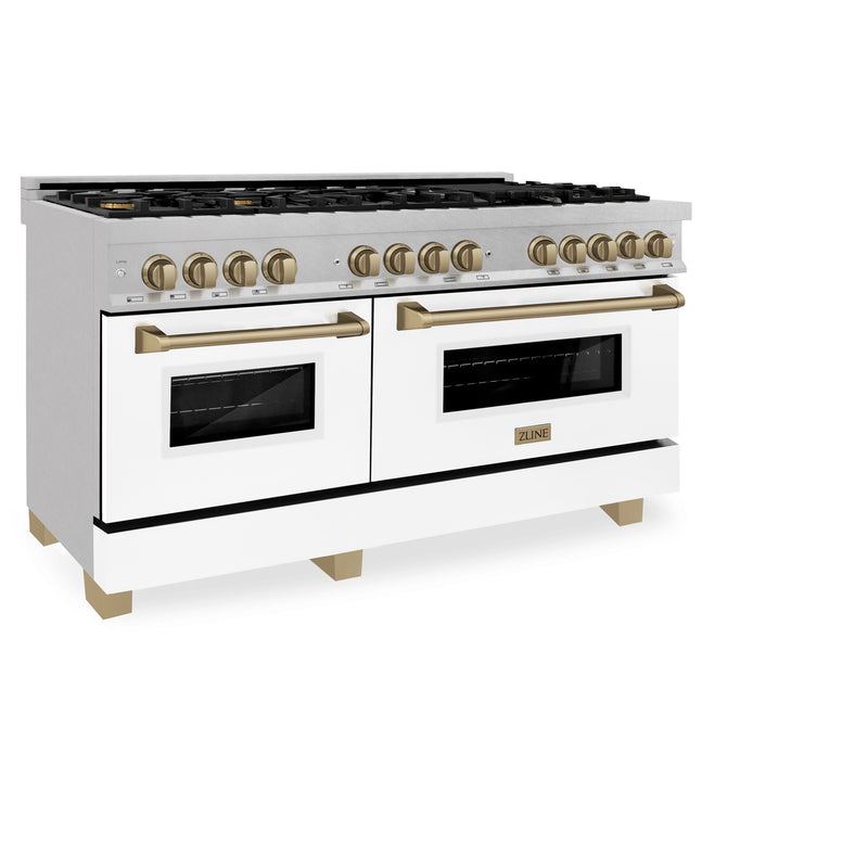 ZLINE Autograph Edition 60 in. 7.4 cu. ft. Dual Fuel Range with Gas Stove and Electric Oven in DuraSnow Stainless Steel with White Matte Door and Champagne Bronze Accents (RASZ-WM-60-CB)