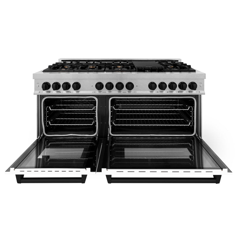 ZLINE Autograph Edition 60 in. 7.4 cu. ft. Dual Fuel Range with Gas Stove and Electric Oven in Stainless Steel with White Matte Door and Matte Black Accents (RAZ-WM-60-MB)