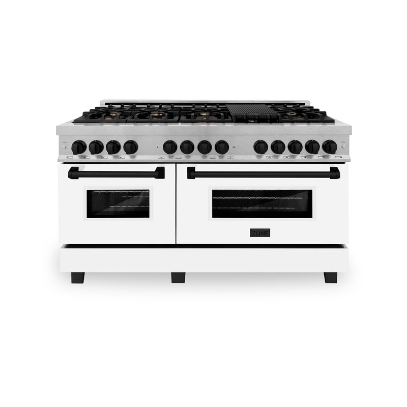 ZLINE Autograph Edition 60 in. 7.4 cu. ft. Dual Fuel Range with Gas Stove and Electric Oven in Stainless Steel with White Matte Door and Matte Black Accents (RAZ-WM-60-MB)