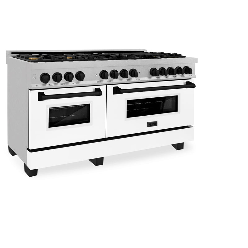 ZLINE Autograph Edition 60 in. 7.4 cu. ft. Dual Fuel Range with Gas Stove and Electric Oven in DuraSnow Stainless Steel with White Matte Door and Matte Black Accents (RASZ-WM-60-MB)